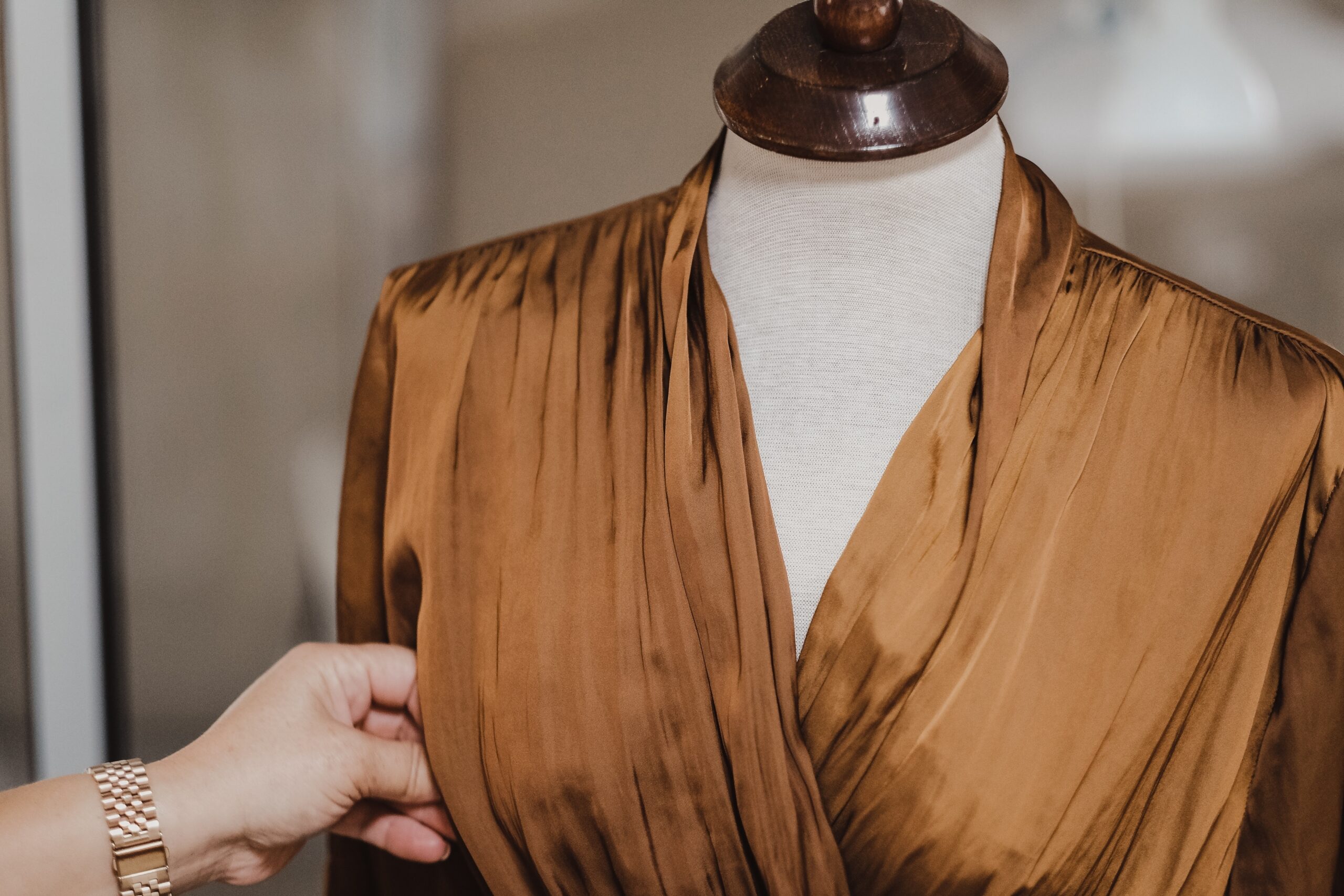A closeup shot of a gown in a textile factory